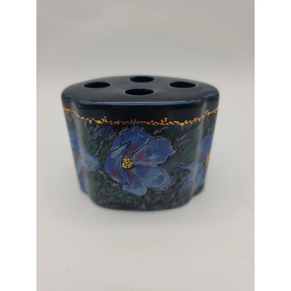 Vintage Toothbrush Holder Fantasia Pattern Made in Japan Floral Navy Blue